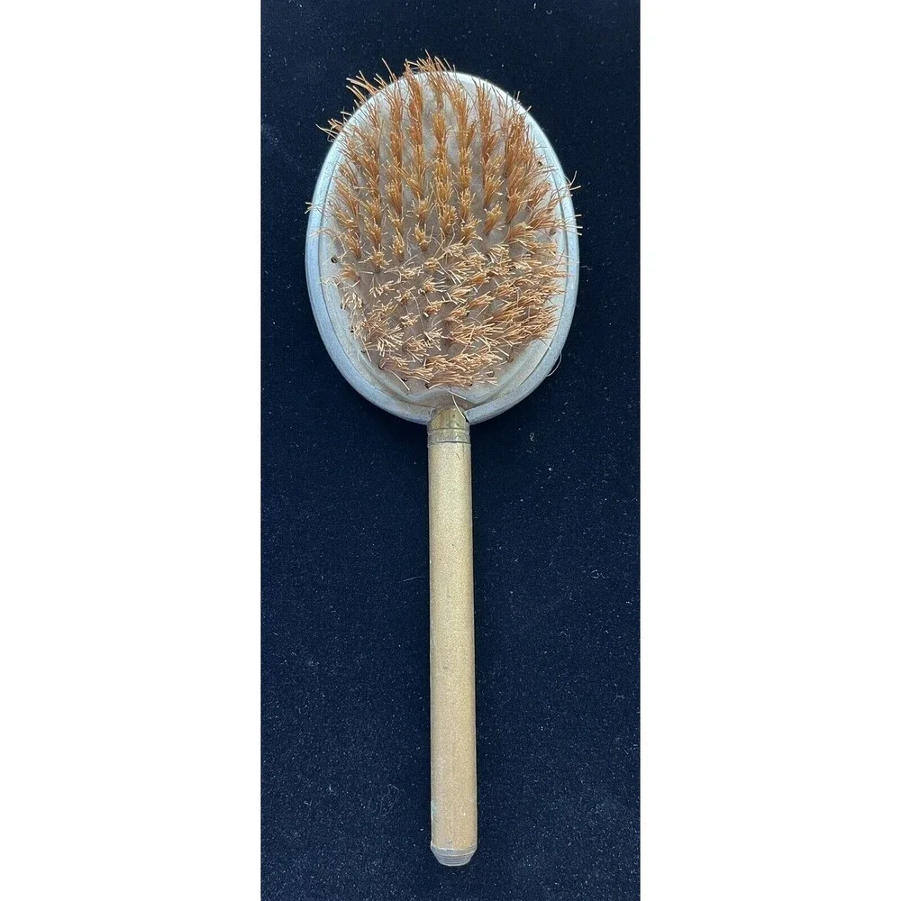 Vintage Art Deco Vanity Hair Brush Black Cream With Silver Tone Trim Large